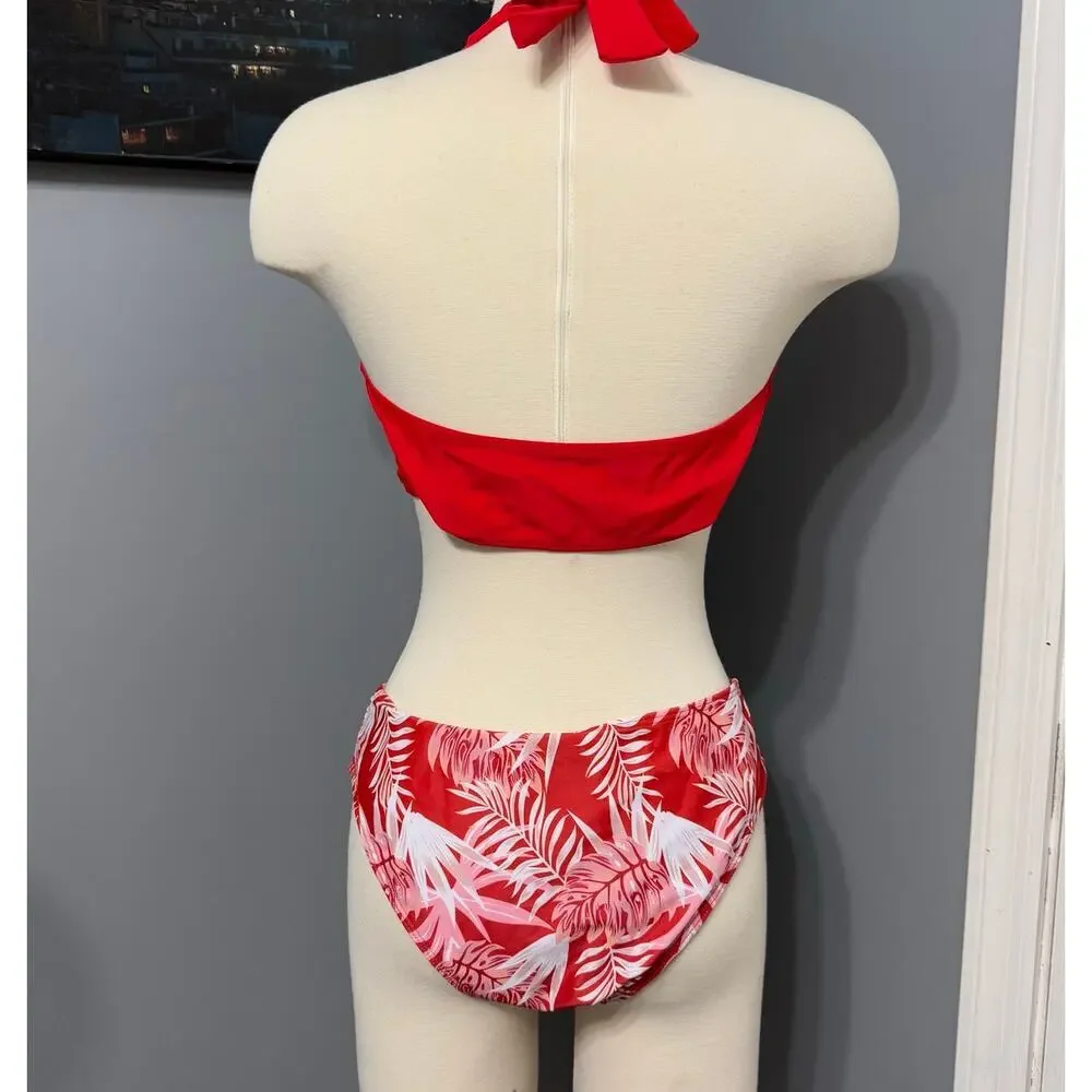 NWOT Women’s Random Tropical Print Red Lace Halter Neck Tie Back Bikini, XL